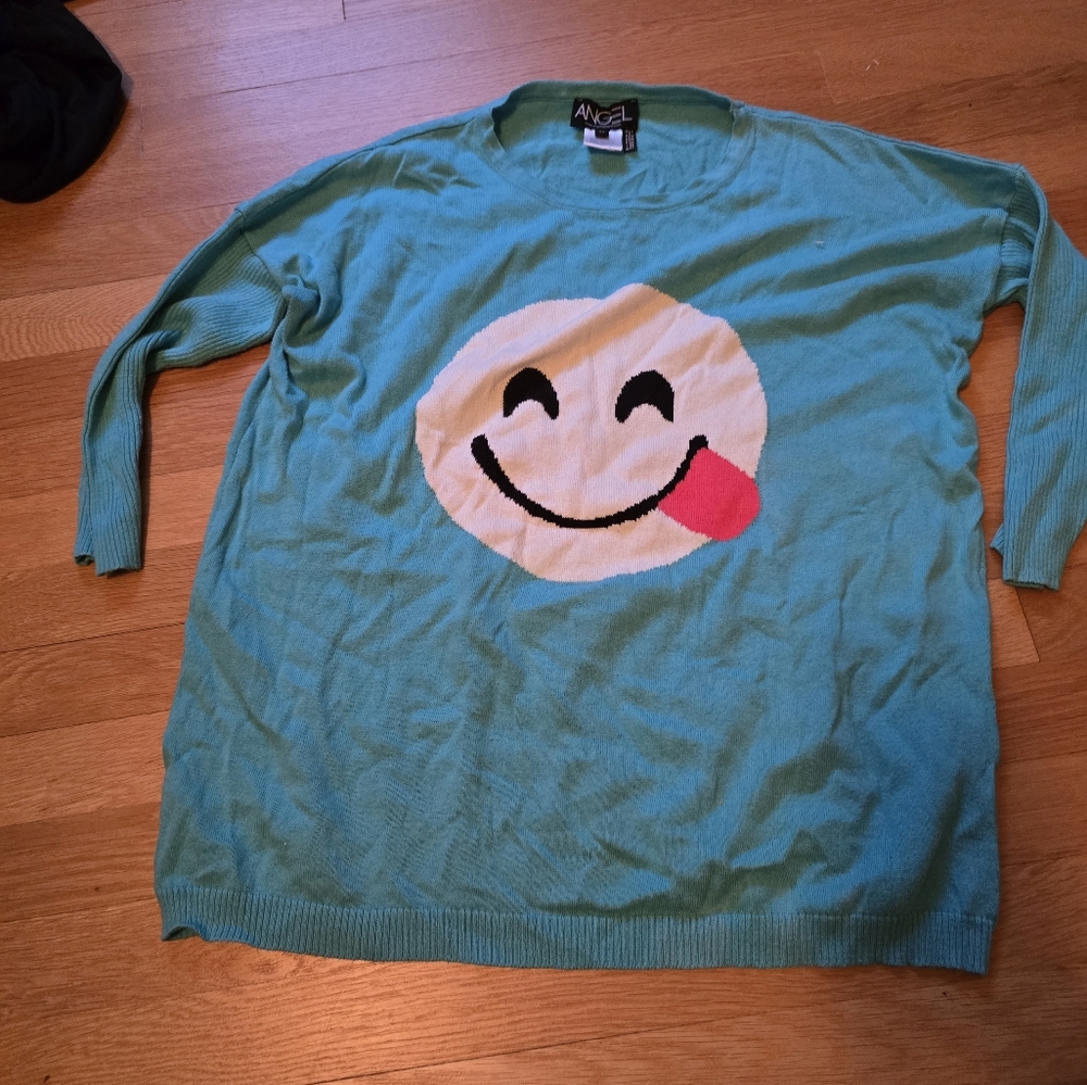 Angel Turquoise Smiley Face Womens Crewneck Sweater Sz Xs